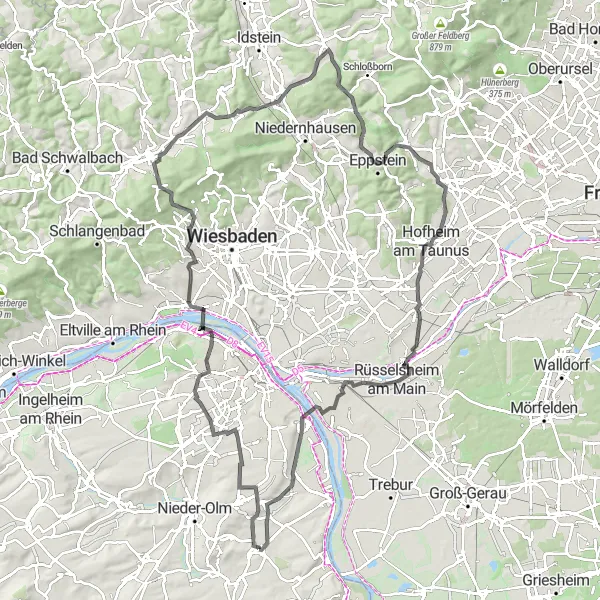 Karten-Miniaturansicht der Radinspiration "Historische Ortschaften und malerische Landschaften" in Rheinhessen-Pfalz, Germany. Erstellt vom Tarmacs.app-Routenplaner für Radtouren