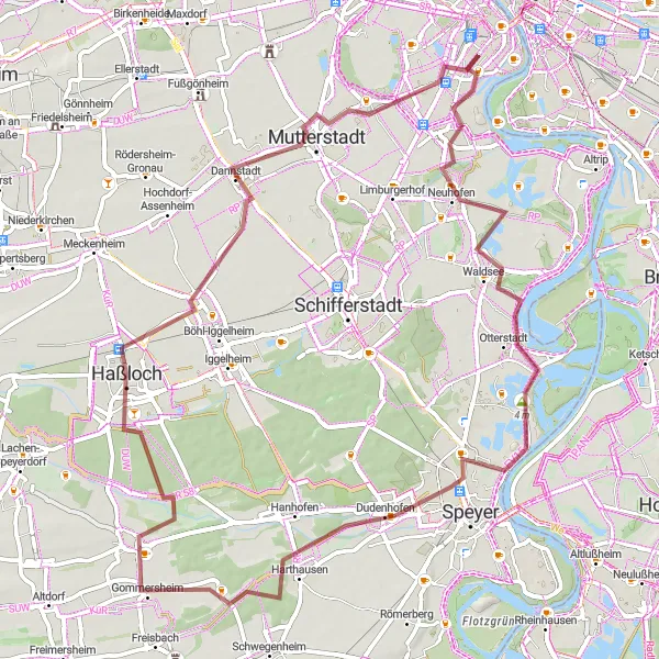 Map miniature of "Waldsee Gravel Adventure" cycling inspiration in Rheinhessen-Pfalz, Germany. Generated by Tarmacs.app cycling route planner