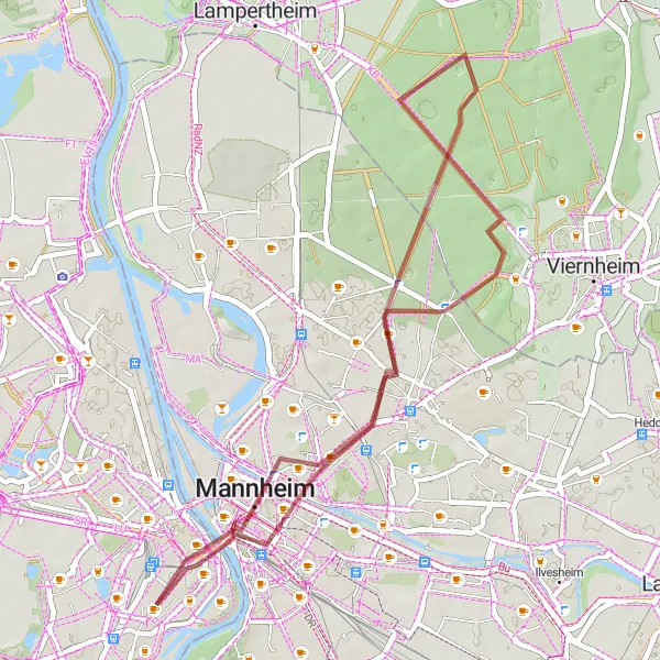 Map miniature of "The Gravel Hills" cycling inspiration in Rheinhessen-Pfalz, Germany. Generated by Tarmacs.app cycling route planner