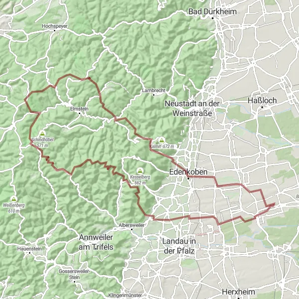 Map miniature of "Gravel Adventure" cycling inspiration in Rheinhessen-Pfalz, Germany. Generated by Tarmacs.app cycling route planner