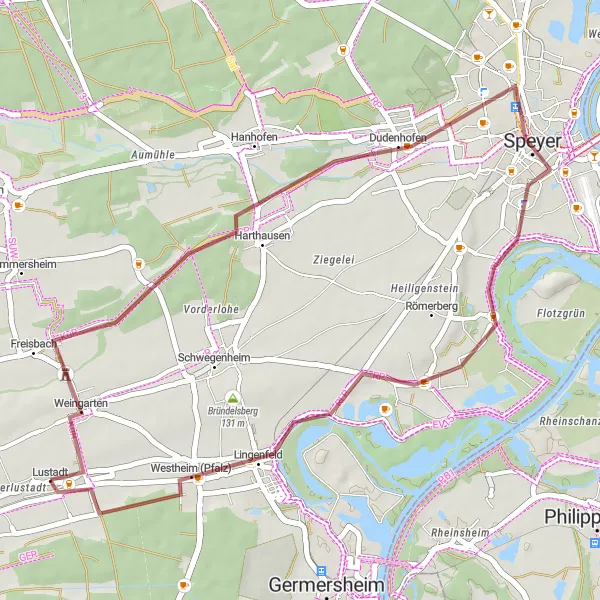 Karten-Miniaturansicht der Radinspiration "Entspannte Gravel-Tour entlang des Rheins" in Rheinhessen-Pfalz, Germany. Erstellt vom Tarmacs.app-Routenplaner für Radtouren
