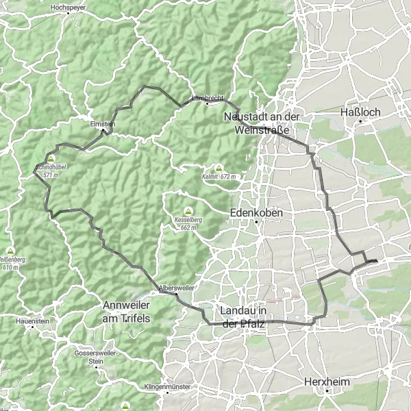 Map miniature of "Challenging Road Ride near Lustadt" cycling inspiration in Rheinhessen-Pfalz, Germany. Generated by Tarmacs.app cycling route planner