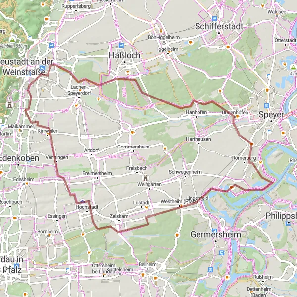 Map miniature of "Pleasurable Gravel Tour through the German Wine Route" cycling inspiration in Rheinhessen-Pfalz, Germany. Generated by Tarmacs.app cycling route planner