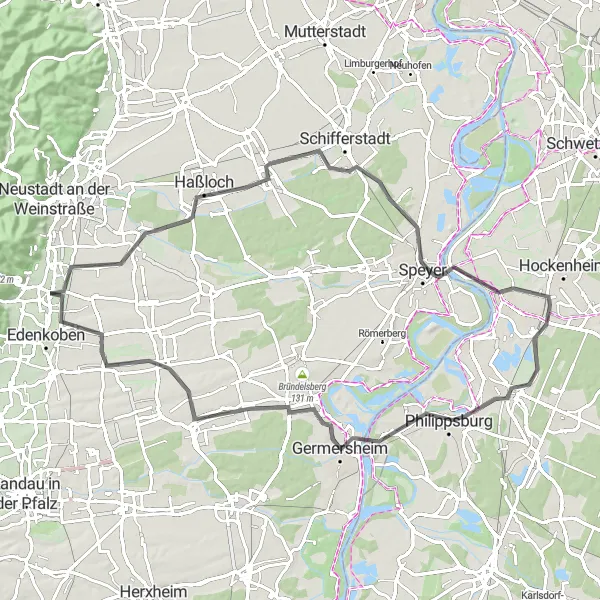 Karten-Miniaturansicht der Radinspiration "Pfälzer Dörfer und Festungen" in Rheinhessen-Pfalz, Germany. Erstellt vom Tarmacs.app-Routenplaner für Radtouren