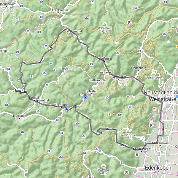 Karten-Miniaturansicht der Radinspiration "Wein- und Waldtour durch die Pfalz" in Rheinhessen-Pfalz, Germany. Erstellt vom Tarmacs.app-Routenplaner für Radtouren