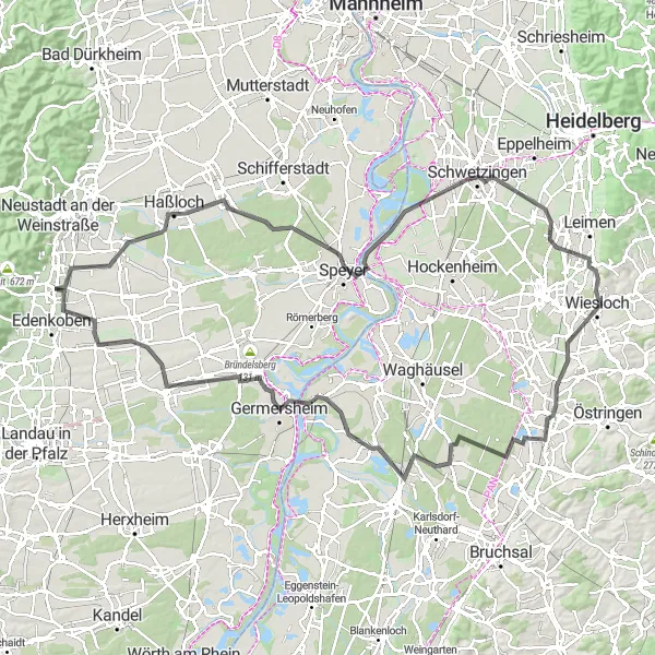 Map miniature of "The Towns and Views Expedition" cycling inspiration in Rheinhessen-Pfalz, Germany. Generated by Tarmacs.app cycling route planner