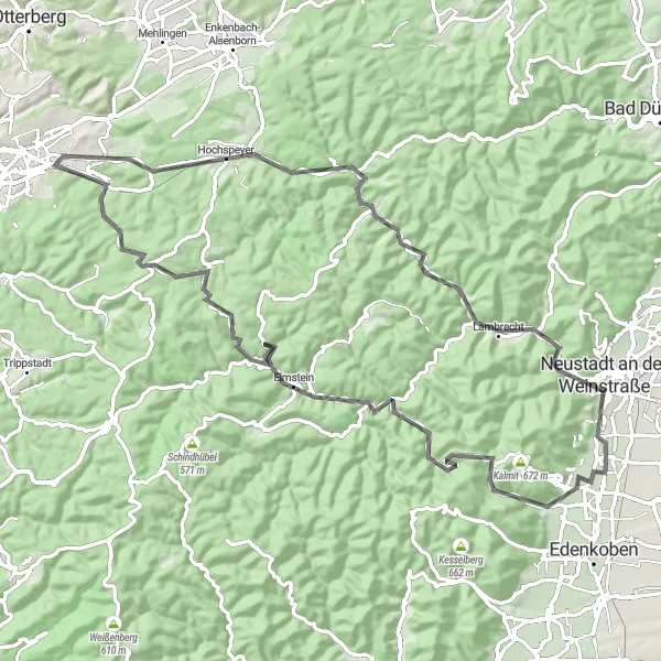 Karten-Miniaturansicht der Radinspiration "Weinstraße und Waldwege in der Pfalz" in Rheinhessen-Pfalz, Germany. Erstellt vom Tarmacs.app-Routenplaner für Radtouren
