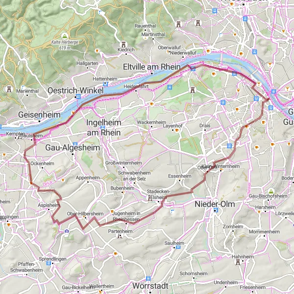 Map miniature of "Gravel Adventure in Rheinhessen" cycling inspiration in Rheinhessen-Pfalz, Germany. Generated by Tarmacs.app cycling route planner