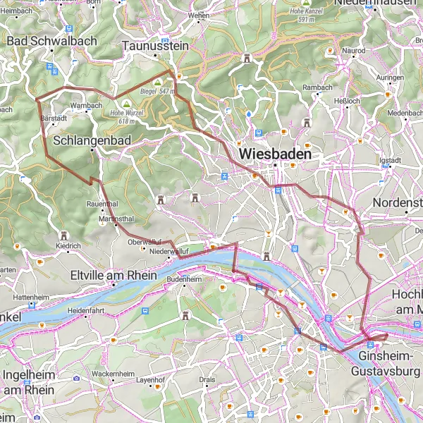 Map miniature of "Exploring the Rheinhessen Gravel Trails" cycling inspiration in Rheinhessen-Pfalz, Germany. Generated by Tarmacs.app cycling route planner