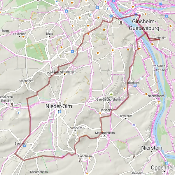Karten-Miniaturansicht der Radinspiration "Erkunden Sie die Weinberge von Rheinhessen auf Schotterwegen" in Rheinhessen-Pfalz, Germany. Erstellt vom Tarmacs.app-Routenplaner für Radtouren