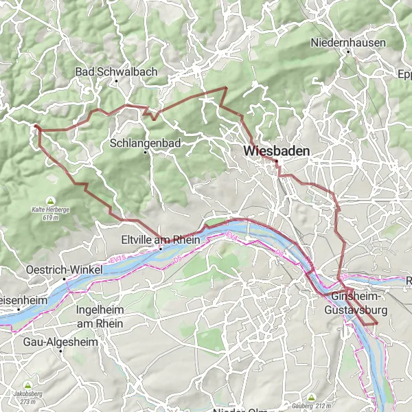 Map miniature of "The Gravel Expedition" cycling inspiration in Rheinhessen-Pfalz, Germany. Generated by Tarmacs.app cycling route planner