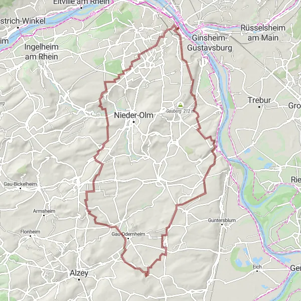 Map miniature of "Mainz Vineyards and Hills" cycling inspiration in Rheinhessen-Pfalz, Germany. Generated by Tarmacs.app cycling route planner