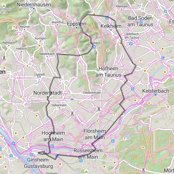 Map miniature of "Scenic Main River Road Cycling Adventure" cycling inspiration in Rheinhessen-Pfalz, Germany. Generated by Tarmacs.app cycling route planner