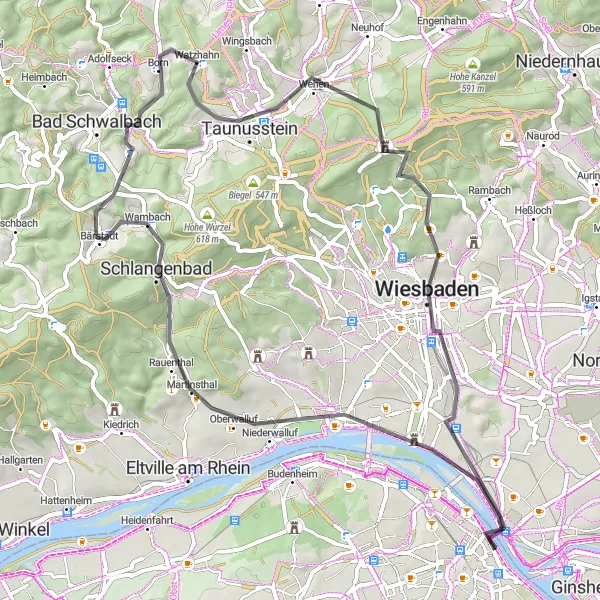 Karten-Miniaturansicht der Radinspiration "Eine herausfordernde Fahrt durch den Taunus" in Rheinhessen-Pfalz, Germany. Erstellt vom Tarmacs.app-Routenplaner für Radtouren