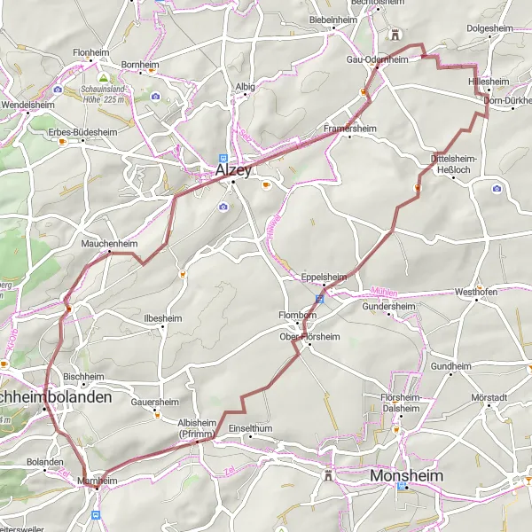 Karten-Miniaturansicht der Radinspiration "Kultur und Natur entlang der Pfrimm" in Rheinhessen-Pfalz, Germany. Erstellt vom Tarmacs.app-Routenplaner für Radtouren