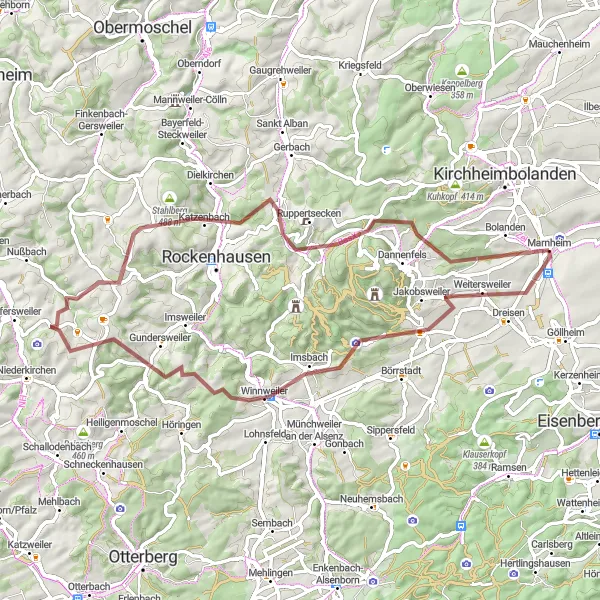 Map miniature of "Gravel Charm Tour" cycling inspiration in Rheinhessen-Pfalz, Germany. Generated by Tarmacs.app cycling route planner