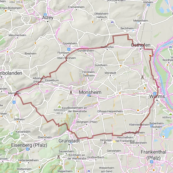 Map miniature of "Gravel Adventure from Marnheim to Worms" cycling inspiration in Rheinhessen-Pfalz, Germany. Generated by Tarmacs.app cycling route planner