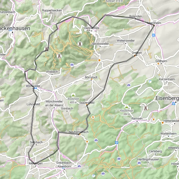 Map miniature of "The Dreisen Adventure" cycling inspiration in Rheinhessen-Pfalz, Germany. Generated by Tarmacs.app cycling route planner