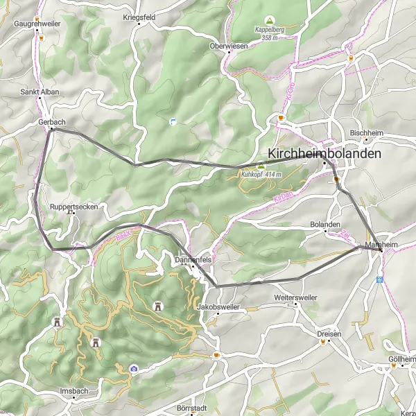 Map miniature of "The Countryside Getaway" cycling inspiration in Rheinhessen-Pfalz, Germany. Generated by Tarmacs.app cycling route planner