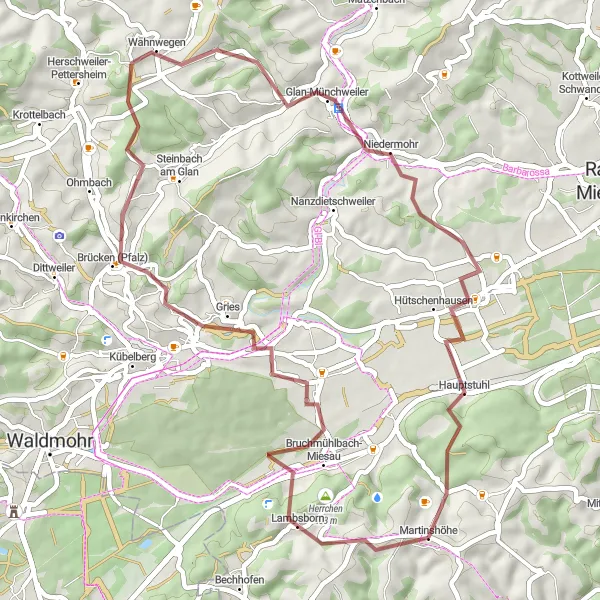 Karten-Miniaturansicht der Radinspiration "Gravelroute durch Bruchmühlbach-Miesau und Klingelberg" in Rheinhessen-Pfalz, Germany. Erstellt vom Tarmacs.app-Routenplaner für Radtouren