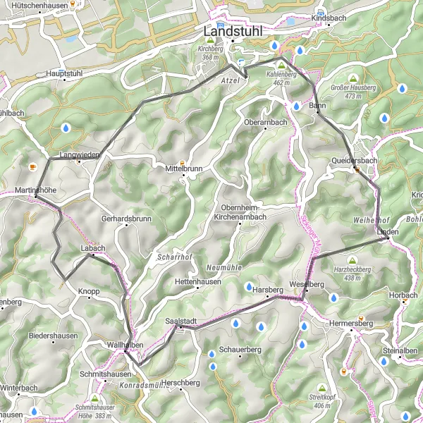 Map miniature of "Mountain View Loop" cycling inspiration in Rheinhessen-Pfalz, Germany. Generated by Tarmacs.app cycling route planner