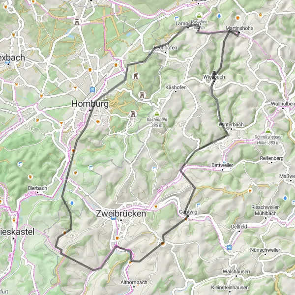 Karten-Miniaturansicht der Radinspiration "Roadroute durch Lammsberg und Homburg" in Rheinhessen-Pfalz, Germany. Erstellt vom Tarmacs.app-Routenplaner für Radtouren