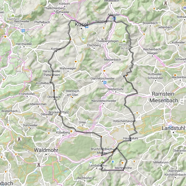 Map miniature of "Road Cycling Journey through Rheinhessen-Pfalz" cycling inspiration in Rheinhessen-Pfalz, Germany. Generated by Tarmacs.app cycling route planner