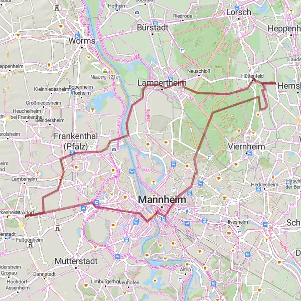 Map miniature of "Gravel Cycling Route from Maxdorf to Oggersheim" cycling inspiration in Rheinhessen-Pfalz, Germany. Generated by Tarmacs.app cycling route planner