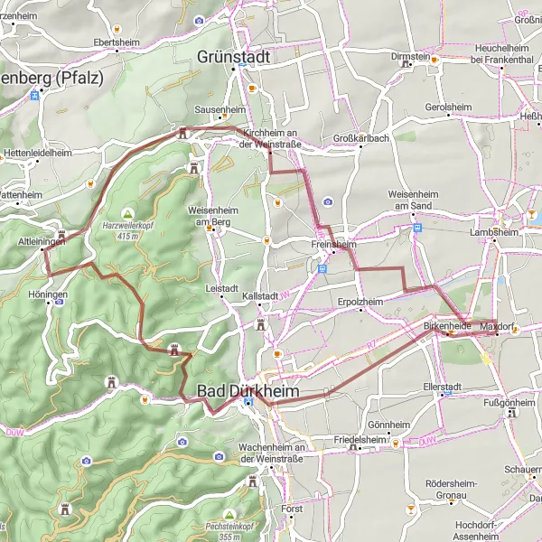 Map miniature of "Maxdorf Gravel Adventure" cycling inspiration in Rheinhessen-Pfalz, Germany. Generated by Tarmacs.app cycling route planner