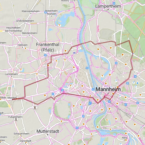 Map miniature of "Maxdorf Gravel Escape" cycling inspiration in Rheinhessen-Pfalz, Germany. Generated by Tarmacs.app cycling route planner