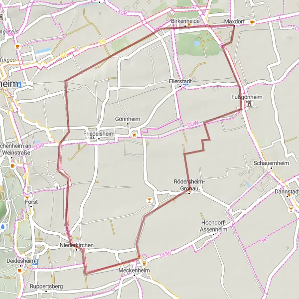 Map miniature of "Maxdorf Gravel Adventure" cycling inspiration in Rheinhessen-Pfalz, Germany. Generated by Tarmacs.app cycling route planner