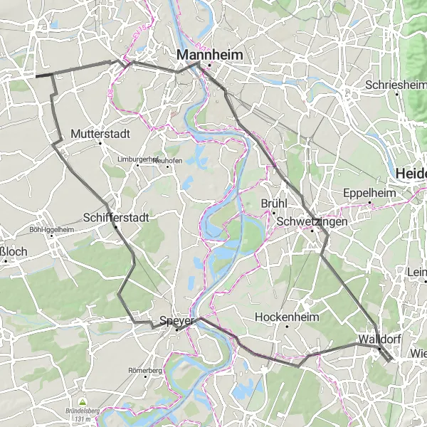 Map miniature of "Mannheim to Speyer Loop" cycling inspiration in Rheinhessen-Pfalz, Germany. Generated by Tarmacs.app cycling route planner