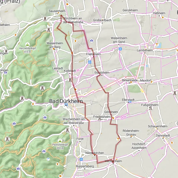 Map miniature of "Exploring Dackenheim and Freinsheim" cycling inspiration in Rheinhessen-Pfalz, Germany. Generated by Tarmacs.app cycling route planner