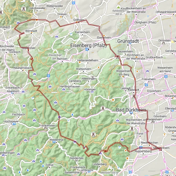 Karten-Miniaturansicht der Radinspiration "Gravel-Abenteuer Pfälzer Wald" in Rheinhessen-Pfalz, Germany. Erstellt vom Tarmacs.app-Routenplaner für Radtouren