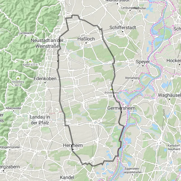 Karten-Miniaturansicht der Radinspiration "Rheinhessen-Pfalz-Runde" in Rheinhessen-Pfalz, Germany. Erstellt vom Tarmacs.app-Routenplaner für Radtouren