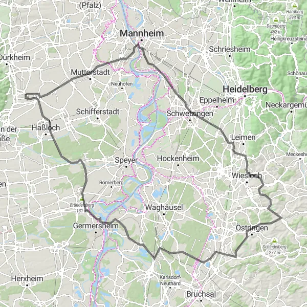 Map miniature of "The Pfälzerwald Challenge" cycling inspiration in Rheinhessen-Pfalz, Germany. Generated by Tarmacs.app cycling route planner