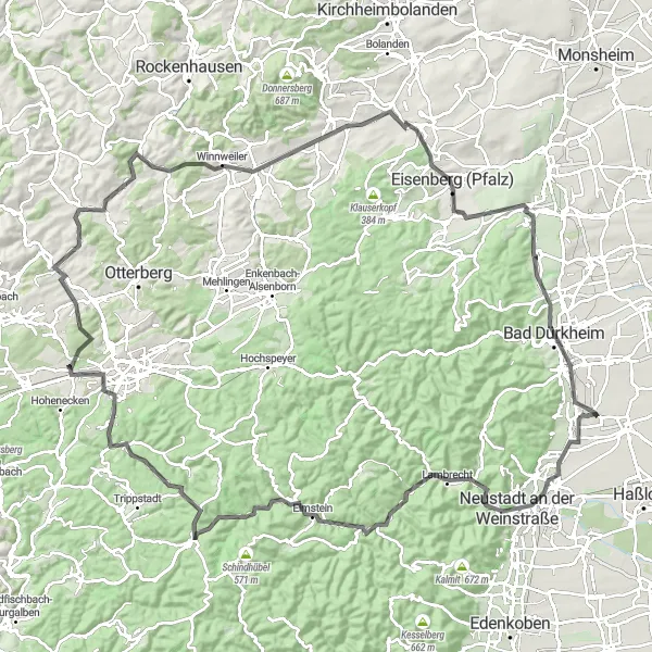 Map miniature of "The Palatinate Hills Tour" cycling inspiration in Rheinhessen-Pfalz, Germany. Generated by Tarmacs.app cycling route planner