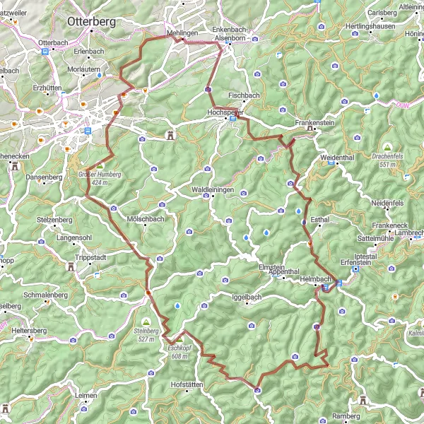 Map miniature of "Through the Palatinate Forest" cycling inspiration in Rheinhessen-Pfalz, Germany. Generated by Tarmacs.app cycling route planner