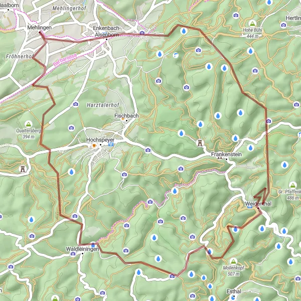 Map miniature of "Forest and Valleys Adventure" cycling inspiration in Rheinhessen-Pfalz, Germany. Generated by Tarmacs.app cycling route planner