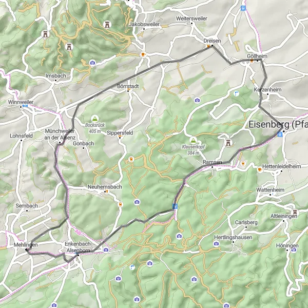 Map miniature of "Road Route through Rheinhessen-Pfalz" cycling inspiration in Rheinhessen-Pfalz, Germany. Generated by Tarmacs.app cycling route planner