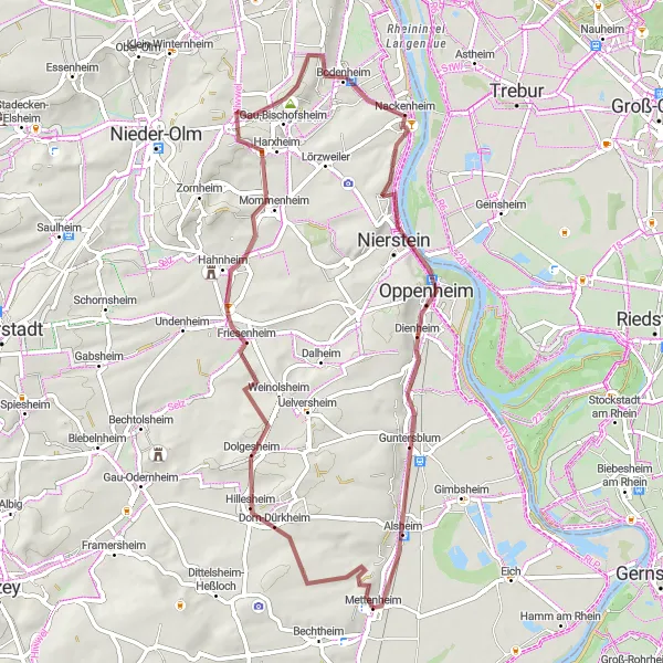 Map miniature of "Rheinhessen Adventure" cycling inspiration in Rheinhessen-Pfalz, Germany. Generated by Tarmacs.app cycling route planner