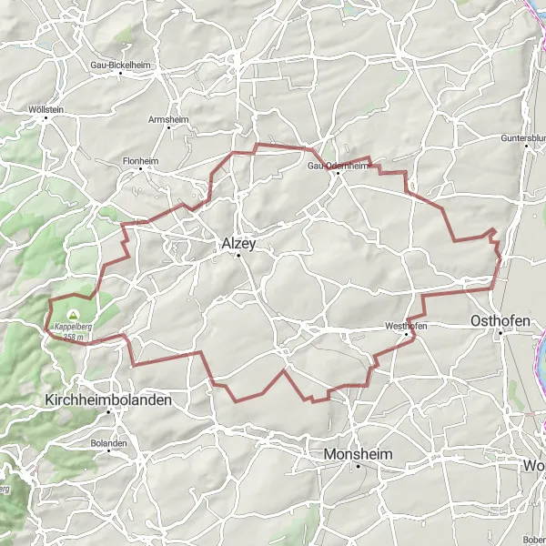 Map miniature of "Hidden Gems of Rheinhessen" cycling inspiration in Rheinhessen-Pfalz, Germany. Generated by Tarmacs.app cycling route planner