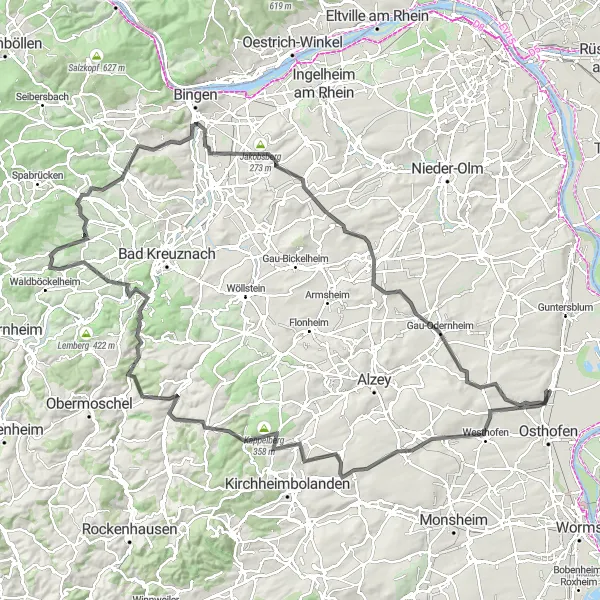 Map miniature of "Rheinhessen-Pfalz Ultimate Challenge" cycling inspiration in Rheinhessen-Pfalz, Germany. Generated by Tarmacs.app cycling route planner