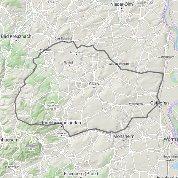 Map miniature of "Rheinhessen-Pfalz Scenic Road" cycling inspiration in Rheinhessen-Pfalz, Germany. Generated by Tarmacs.app cycling route planner