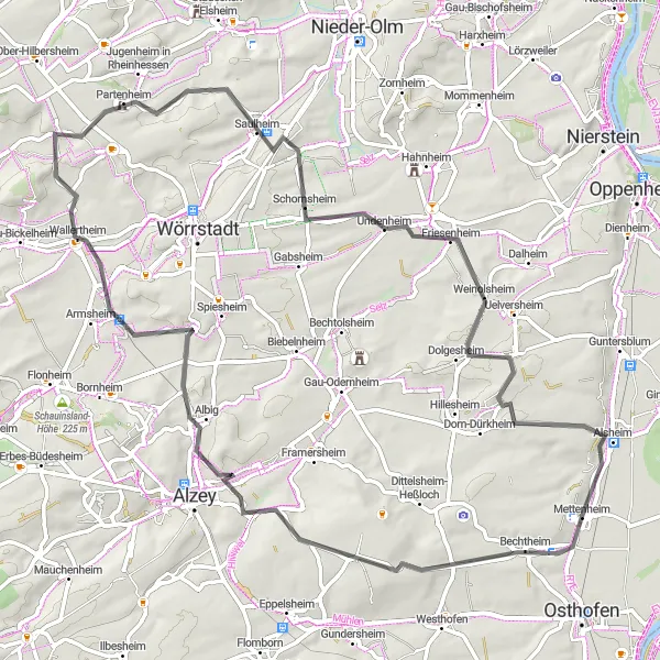 Map miniature of "Countryside Escape" cycling inspiration in Rheinhessen-Pfalz, Germany. Generated by Tarmacs.app cycling route planner