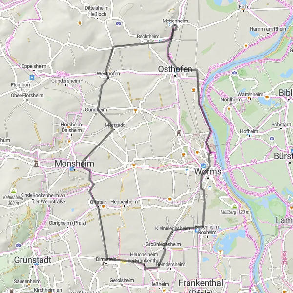 Map miniature of "Vineyard Routes" cycling inspiration in Rheinhessen-Pfalz, Germany. Generated by Tarmacs.app cycling route planner