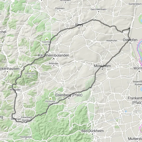 Map miniature of "The Rheinhessen Gravel Adventure" cycling inspiration in Rheinhessen-Pfalz, Germany. Generated by Tarmacs.app cycling route planner