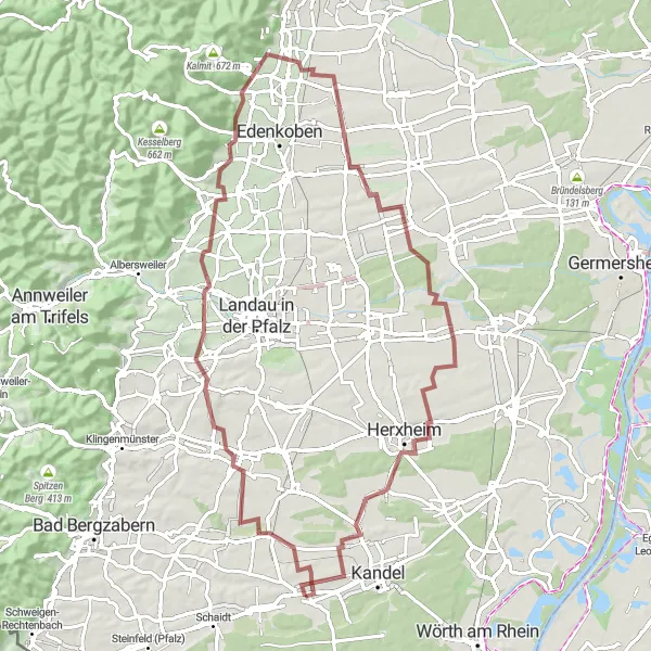 Map miniature of "Pfälzer Berge Loop" cycling inspiration in Rheinhessen-Pfalz, Germany. Generated by Tarmacs.app cycling route planner