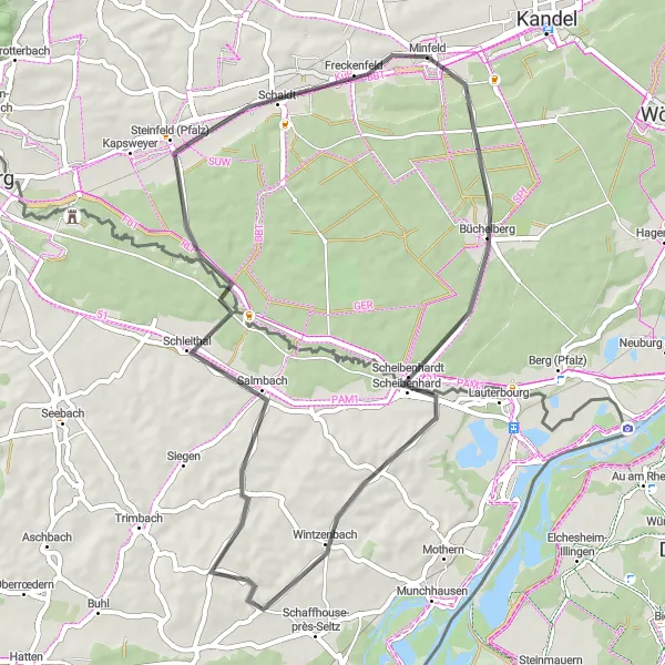 Map miniature of "Rheinhessen Road Adventure" cycling inspiration in Rheinhessen-Pfalz, Germany. Generated by Tarmacs.app cycling route planner