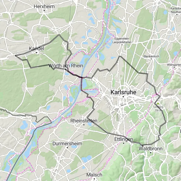 Map miniature of "Hidden Gems of Jockgrim and Holzbierebuckel" cycling inspiration in Rheinhessen-Pfalz, Germany. Generated by Tarmacs.app cycling route planner